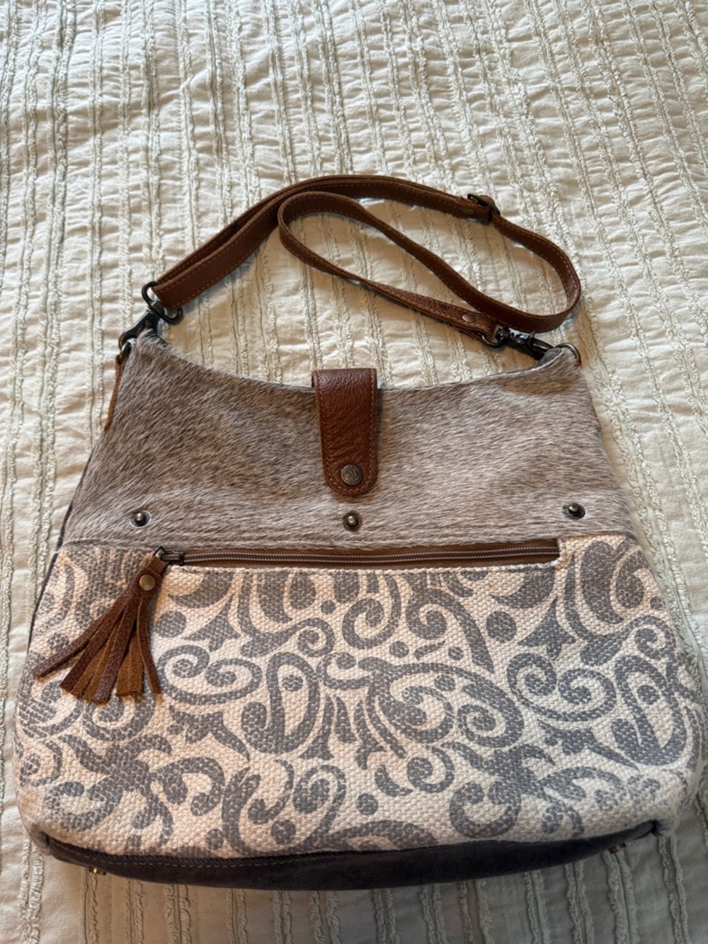 Myra Bag Brown and Gray Patterned Crossbody with Tassel